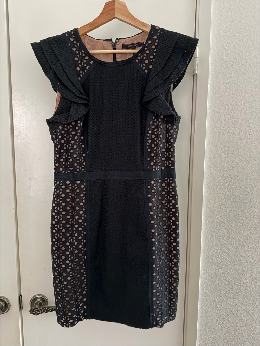 BCBGMaxAzria Black Eyelet Ruffle Sheath Dress with Nude Underlay